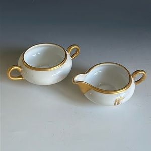 Vintage Vienna Austria Porcelain Creamer And Open Sugar Bowl / White & Gold